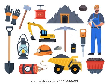 Mining coal industry icons, set. Tools and equipment for manufacture, truck and mine, mineral fuel, miner symbol, signs of machinery and dump. Vector illustration