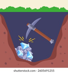 Mining coal minerals gold concept. Vector flat graphic design