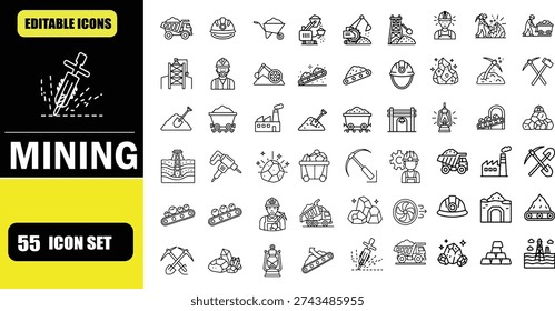 Mining and Coal Outline Icon Set, Extraction, Minerals, Industrial Equipment, Quarry, Drill, Pickaxe, Safety Gear, Linear Editable Stroke Vector Illustration