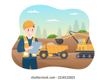 Mining Company with Heavy Yellow Dumper Trucks for Coal Mine Industrial Process or Transportation in Flat Cartoon Hand Drawn Templates Illustration