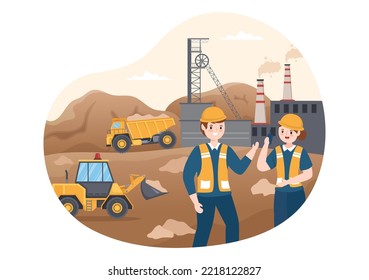 Mining Company with Heavy Yellow Dumper Trucks for Coal Mine Industrial Process or Transportation in Flat Cartoon Hand Drawn Templates Illustration