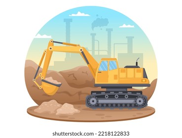 Mining Company with Heavy Yellow Dumper Trucks for Coal Mine Industrial Process or Transportation in Flat Cartoon Hand Drawn Templates Illustration