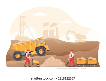 Mining Company with Heavy Yellow Dumper Trucks for Coal Mine Industrial Process or Transportation in Flat Cartoon Hand Drawn Templates Illustration