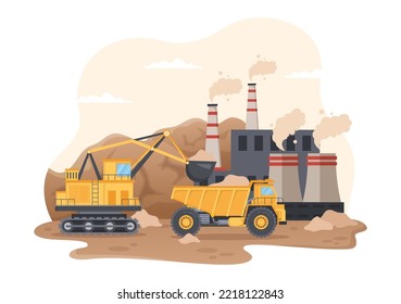 Empresa minera con camiones de descarga pesada de barro amarillo para el proceso industrial de minas de carbón o transporte en caricaturas planas Plantillas dibujadas Ilustración