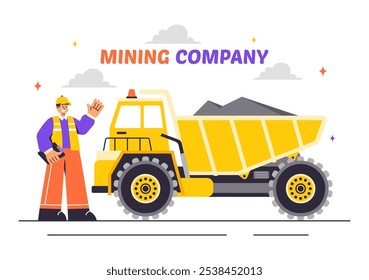 Ilustração vetorial da empresa de mineração Apresentando caminhões de lixo amarelo pesado para processo industrial de mineração de areia ou transporte em um plano de fundo plano