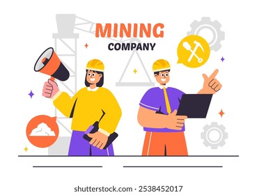 Mining Company Vector Illustration Featuring Heavy Yellow Dumper Trucks for Industrial Sand Mining Process or Transportation in a Flat Background