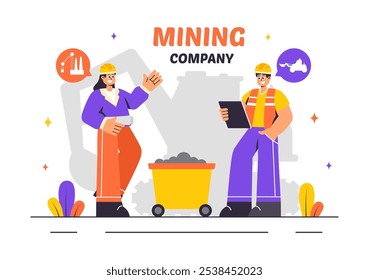 Mining Company Vector Illustration Featuring Heavy Yellow Dumper Trucks for Industrial Sand Mining Process or Transportation in a Flat Background