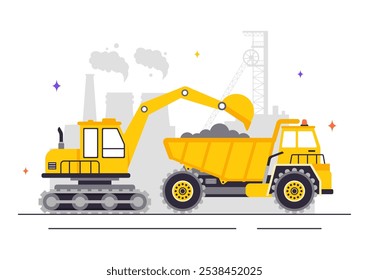 Ilustração vetorial da empresa de mineração Apresentando caminhões de lixo amarelo pesado para processo industrial de mineração de areia ou transporte em um plano de fundo plano