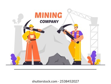 Ilustración vectorial de la compañía minera con camiones volquetes amarillos pesados para el proceso de extracción de arena de Industrial o Transporte en un fondo plano