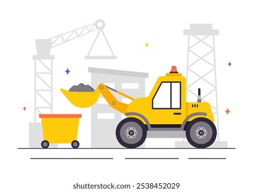 Mining Company Vector Illustration Featuring Heavy Yellow Dumper Trucks for Industrial Sand Mining Process or Transportation in a Flat Background