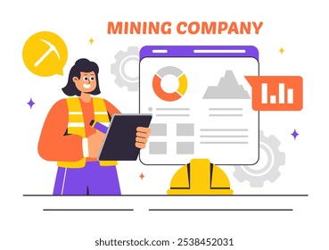 Mining Company Vector Illustration Featuring Heavy Yellow Dumper Trucks for Industrial Sand Mining Process or Transportation in a Flat Background