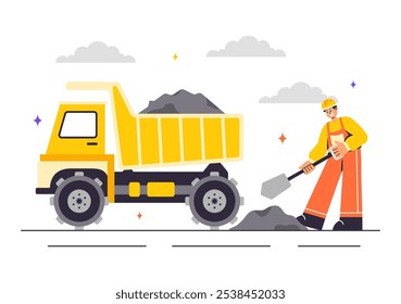 Mining Company Vector Illustration Featuring Heavy Yellow Dumper Trucks for Industrial Sand Mining Process or Transportation in a Flat Background