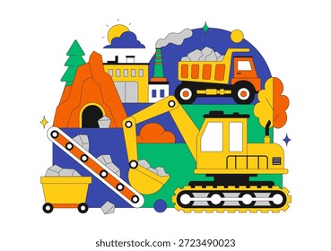 Empresa de mineração Ilustração Vetor Apresentando Caminhões de Dumper Amarelo Pesado para processo industrial de mineração de areia de transporte em plano de fundo