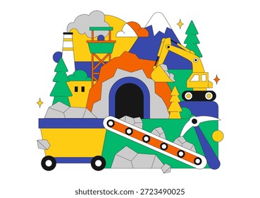 Ilustración vectorial de la compañía minera con camiones volquetes amarillos pesados para el proceso de Transporte de minería de arena de Industrial en fondo plano