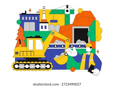 Ilustración vectorial de la compañía minera con camiones volquetes amarillos pesados para el proceso de Transporte de minería de arena de Industrial en fondo plano