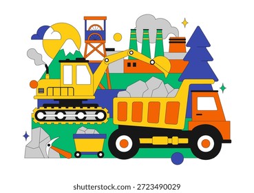Ilustración vectorial de la compañía minera con camiones volquetes amarillos pesados para el proceso de Transporte de minería de arena de Industrial en fondo plano