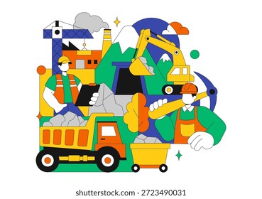 Ilustración vectorial de la compañía minera con camiones volquetes amarillos pesados para el proceso de Transporte de minería de arena de Industrial en fondo plano