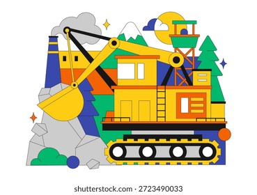 Ilustración vectorial de la compañía minera con camiones volquetes amarillos pesados para el proceso de Transporte de minería de arena de Industrial en fondo plano