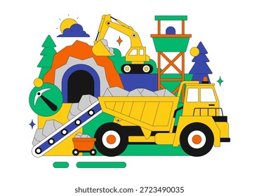 Ilustración vectorial de la compañía minera con camiones volquetes amarillos pesados para el proceso de Transporte de minería de arena de Industrial en fondo plano