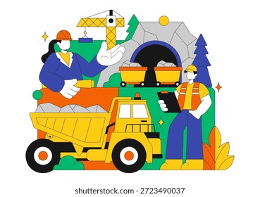 Ilustración vectorial de la compañía minera con camiones volquetes amarillos pesados para el proceso de Transporte de minería de arena de Industrial en fondo plano