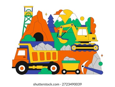 Ilustración vectorial de la compañía minera con camiones volquetes amarillos pesados para el proceso de Transporte de minería de arena de Industrial en fondo plano