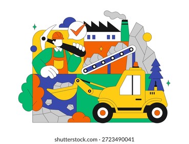 Ilustración vectorial de la compañía minera con camiones volquetes amarillos pesados para el proceso de Transporte de minería de arena de Industrial en fondo plano