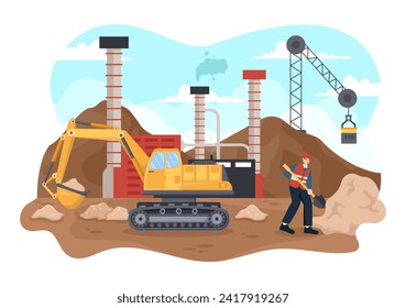 Ilustración de vectores de empresa minera con camiones de volquete pesado de color amarillo para el proceso industrial de minas de arena o transporte en fondo plano de caricatura