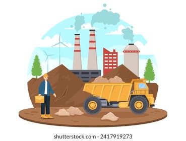 Mining Company Vector Illustration with Heavy Yellow Dumper Trucks for Sand Mine Industrial Process or Transportation in Flat Cartoon Background