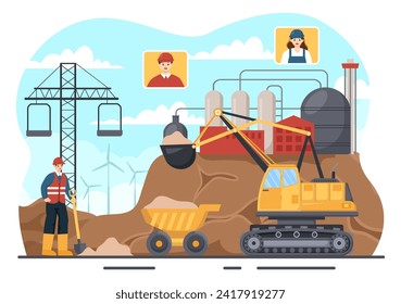 Mining Company Vector Illustration with Heavy Yellow Dumper Trucks for Sand Mine Industrial Process or Transportation in Flat Cartoon Background