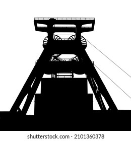 Mining complex vector outline. Coal mine silhouette illustration. Industrial style poster. Black and white.