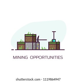 Mining concept banner. Blocks of dirt with grass and stone block with gold. Diamond pickaxe and shovel. Line style flat vector illustration. Game style mine craft mining banner.