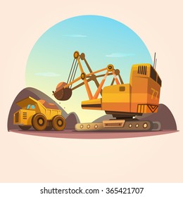 Mining Concept With Heavy Industry Machines And Coal Truck Retro Cartoon Style Vector Illustration