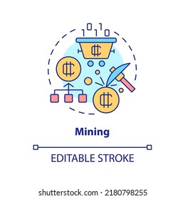 Mining concept icon. Blockchain technology. Way to make money on crypto abstract idea thin line illustration. Isolated outline drawing. Editable stroke. Arial, Myriad Pro-Bold fonts used