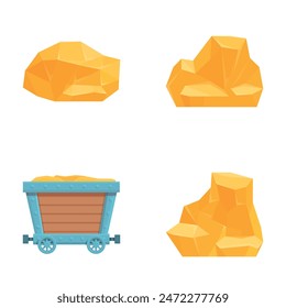 Mining concept icons set cartoon vector. Cart full of gold nugget. Goldmine