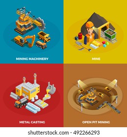  Mining concept icons set with machinery symbols isometric isolated vector illustration 