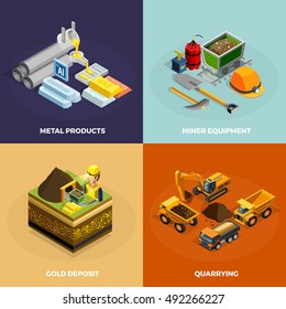 Mining concept isometric icons set with metal products symbols isolated vector illustration 