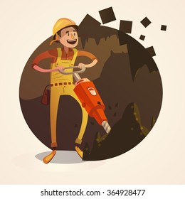 Mining concept with labor worker drilling with jack hammer in coalmine retro cartoon style vector illustration