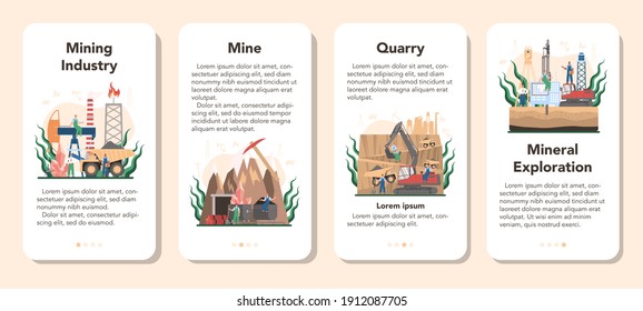 Mining concept mobile application banner set. Mineral and natural resources extraction. Worker in uniform with pickaxe, jackhammer and wheelbarrow working in quarry. Vector flat illustration