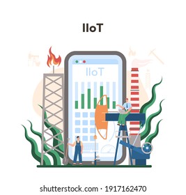 Mining concept online service or platform. Mineral and natural resources extraction. Worker in uniform with pickaxe. Online IIoT. Vector flat illustration