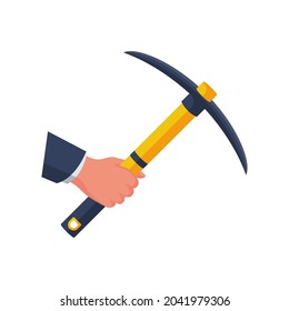 Mining concept. Pickax in hand. Mainer holds in hands tools. Mining precious stones and cryptocurrencies. Monetary mine axe. Vector illustration flat design. Isolated on white background.