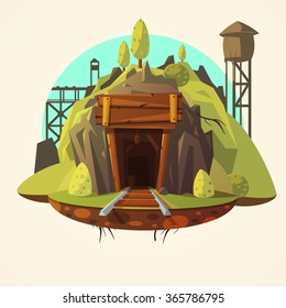 Mining concept with retro wooden mine entrance with railway cartoon vector illustration