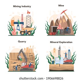 Mining concept set. Mineral and natural resources extraction. Worker in uniform and helmet with pickaxe, jackhammer and wheelbarrow working in quarry. Vector flat illustration