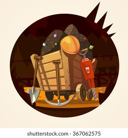 Mining concept with trolley with minerals and working tools retro cartoon vector illustration