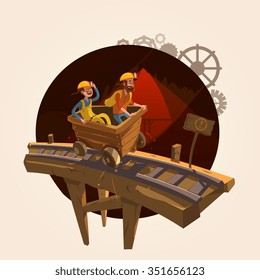 Mining concept with workers riding a coal trolley retro cartoon style vector illustration 