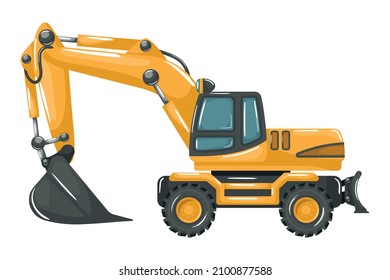 Mining and construction heavy machinery with cartoon style yellow wheel excavator