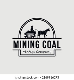 Logotipos de minería o construcción, Mule con insignias de carreta de carbón en ilustraciones de estilo vintage.