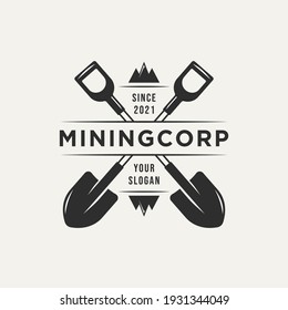 mining corp and two crossed shovel vintage logo template vector. retro classic mining, miner logo concept