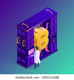 Mining crypto currency. Bitcoin farm concept. Isometric vector illustration.