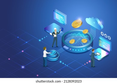 Mining Crypto Currency, Bitcoin Mining Rendering System With Engineering Team. 3D Bitoins With Big Data Processing And Cloud Computing In Virtual Simulation Program. 