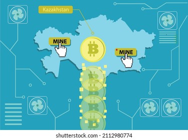 Mining Cryptocurrencies with server hub located in Kazakhstan. Editable Clip Art.